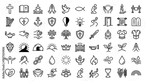 Large set of Christian religious icons in a simple black outline style, featuring symbols like the cross, bible, dove, and church, arranged in a grid