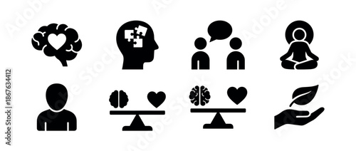 Set of black mental health icons representing psychology, balance, and emotional intelligence, presented in a minimalist flat glyph style