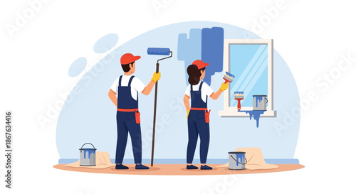 Two painters working on a blue wall near a window