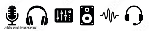 Black audio equipment and sound symbol icons including a microphone, headphones, mixer, speaker, waveform, and headset in a minimalist flat vector style