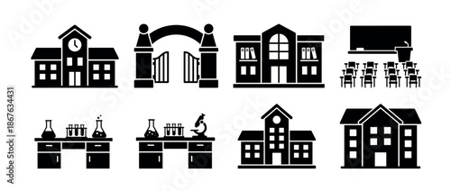 Set of black education and school icons including various buildings, a classroom, laboratory equipment, and an entrance gate, presented in a simple glyph style