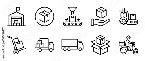 Set of black line icons for logistics and delivery services showing warehouse, truck, scooter, and package handling