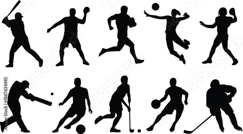 sport, silhouette, athlete, ball, bat, baseball, football, hockey, soccer, tennis, player, action, movement, dynamic, black, white, vector, illustration, design, graphic, icon, symbol, clipart, elemen