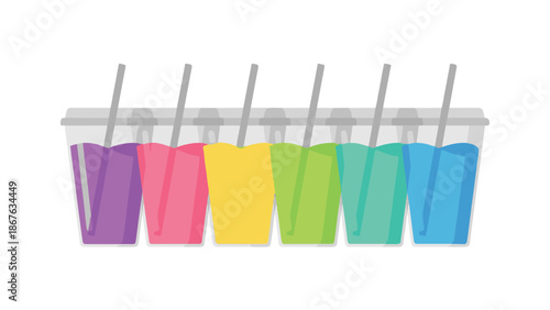Row of colorful plastic cups with refreshing drinks and straws
