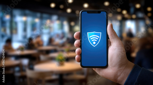 Hand holding smartphone with secure WiFi shield icon on screen in blurred cafe interior, confident digital privacy vibe