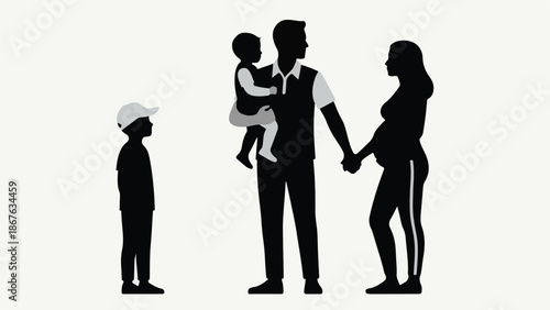Family silhouette: pregnant woman, father with baby, and young boy standing together