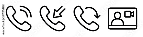 Set of black communication line art icons including ringing phone, incoming call, callback, and video conference symbols, for web and mobile UI design