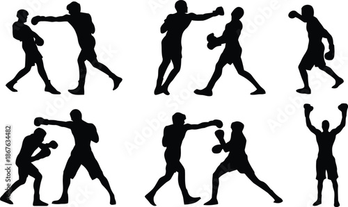 boxing, sport, sparring, boxer, silhouette, punching, fighting, combat, athlete, fitness, exercise, training, action, movement, vector, illustration, isolated, transparent, background, design, graphic