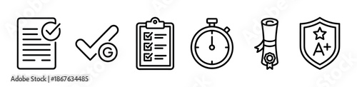 Set of black outline icons for education and examination concepts, featuring a test paper, checklist, stopwatch, diploma, and A+ grade shield, in a minimalist style on