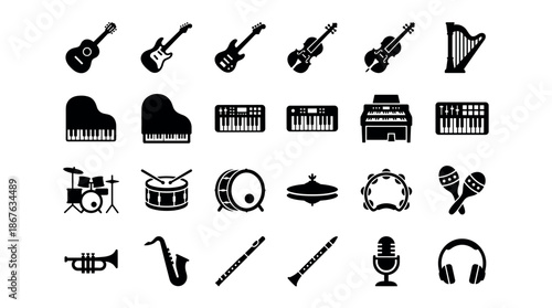 Comprehensive collection of black silhouette musical instrument icons featuring string, keyboard, percussion, and wind instruments