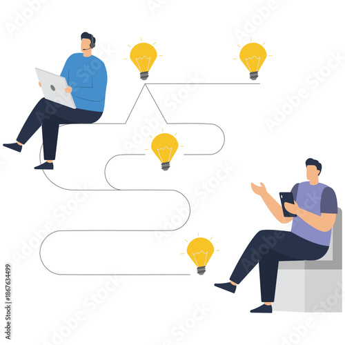 Flat vector style illustration of business people sharing and celebrating ideas with glowing light bulbs teamwork creativity brainstorming meeting thinking innovation and knowledge in workplace stock 