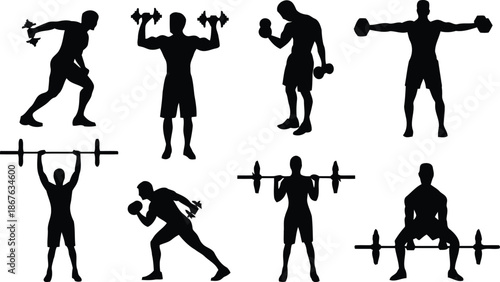 silhouette, man, weightlifting, workout, training, fitness, exercise, gym, bodybuilding, health, lifestyle, healthy, sport, activity, graphic, illustration, vector, design, element, print, web, mobile