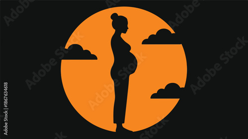 Pregnant woman silhouette against an orange circle with clouds