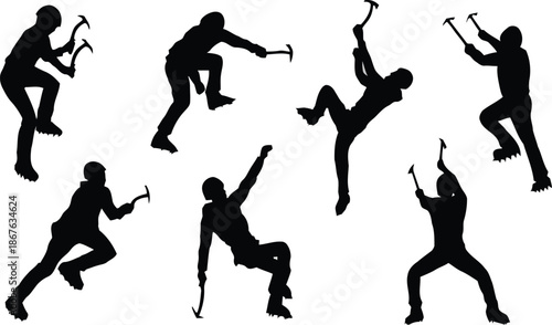 rock climber, silhouette, sport, activity, adventure, mountain, climbing, ice axe, extreme sport, outdoor, vector, illustration, people, person, climber, rock, isolated, transparent, background, black