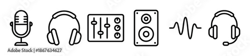 Set of black linear audio equipment icons including a microphone, headphones, mixer, speaker, waveform, and headset