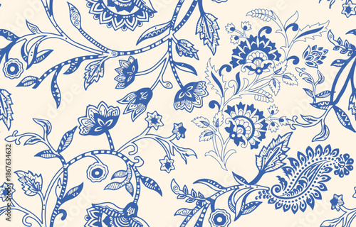 Photos floral pattern vintage ethnic modern embroidery texture boho design vector illustration hand drawn pink flower motif branches leaves wallpaper seamless background border