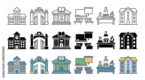 Set of education and learning vector icons including school, library, classroom, and laboratory in outline, solid glyph, and colorful flat styles