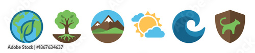 Set of six colorful flat nature icons including a globe with a leaf, a tree, mountains, sun, a wave, and an animal shield for conservation concepts