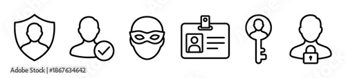 Collection of six minimalist outline icons for cybersecurity and user authentication, including a shield, key, padlock, badge, and masked figure