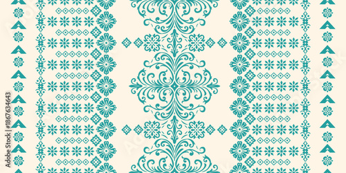 floral pattern vintage ethnic modern embroidery texture boho design vector illustration hand drawn pink flower motif branches leaves wallpaper seamless background border.