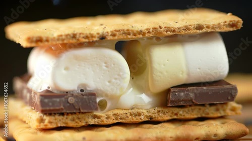 Delicious smore with graham crackers, chocolate and marshmallow, melting over a campfire. Food photography, dessert. Close up of treat.