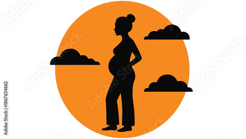 Minimalist silhouette of pregnant woman against orange sun and clouds