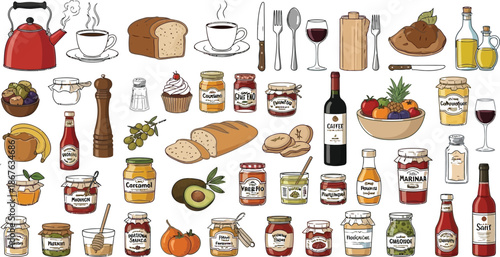 Assorted Breakfast Items and Condiments Illustration