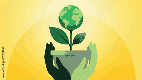 Hands nurturing a plant with a globe, symbolizing global environmental care
