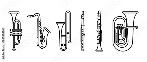 Collection of wind musical instruments illustrated in a minimalist black outline style, featuring a saxophone, tuba, flute, and trombone