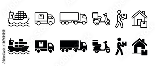 Collection of black shipping and logistics icons in two distinct styles, outline and solid fill, depicting a cargo ship, van, truck, scooter, courier, and home delivery service