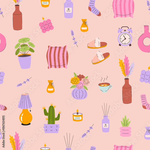 Seamless cozy home objects pattern with candles, plants, pillows, and tea.