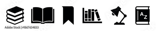 Set of six black book icons for reading and education, including a stack of books, bookmark, bookshelf, lamp, and dictionary
