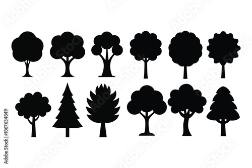 Collection of stylized tree silhouettes representing various species in a minimalist black and white design