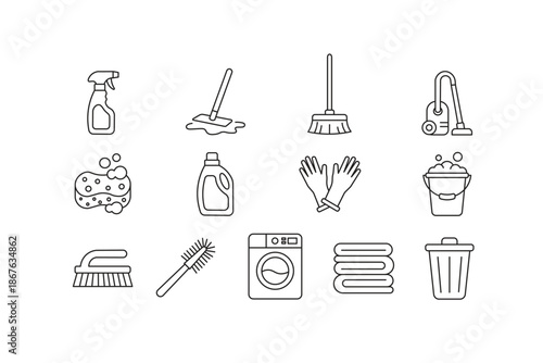 Household cleaning icons and tools for home hygiene and tidiness, including spray bottles, mops, brushes, washing machine, trash can, towels, vacuums for a spotless environment