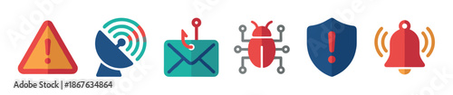 Set of colorful flat cybersecurity alert icons including warning sign, phishing email, virus bug, shield, and notification bell