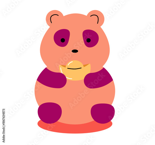 Tea pet vector illustration. Cute panda holding a golden ingot. Tea ceremony tradition element. Good luck symbol.
