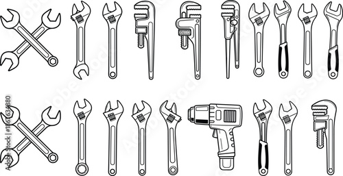 Hand tool icon set illustration featuring wrenches, adjustable spanners, pipe wrenches and drill, mechanic and repair tools collection, black line vector isolated on white