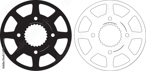 Black and white sprocket gear wheel icons, motorbike chain sprockets