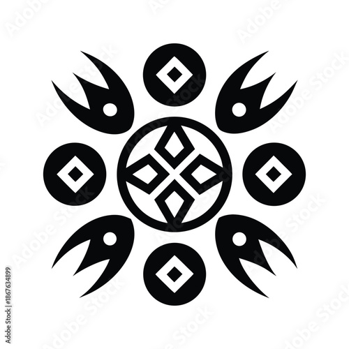 Abstract Circular Emblem with Eight Winged Petal-like Elements and Central Diamond Motif