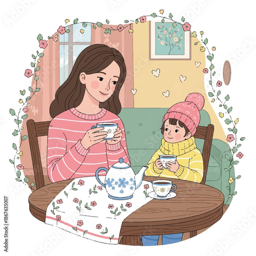 A heartwarming illustration of a loving mother and her young daughter sharing a cozy tea time moment together at home, surrounded by delicate floral decorations