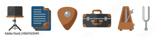 Collection of musical equipment and accessories including a music stand, sheet music, pick, case, metronome, and tuning fork in a flat vector illustration style