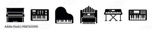 Set of black keyboard musical instrument icons including piano, organ, and synthesizer in a simple glyph style for graphic design