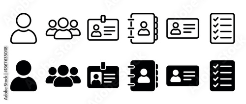 Set of black user profile icons in outline and solid styles, including person, group, ID card, contact book, and checklist symbols for web and mobile UI design