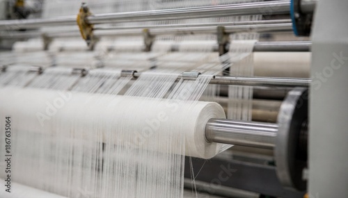 Closeup medium shot of fine cotton fibers being spun into delicate smooth yarn on automated spinning machines.