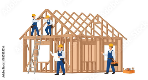 Construction workers building the wooden frame of a new house structure