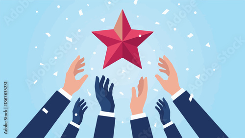 Diverse hands reaching for a red star, symbolizing business success and achievement