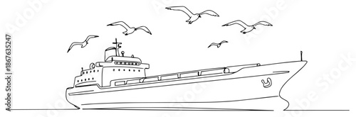 One line art vector illustration of a large cargo ship sailing with seagulls
