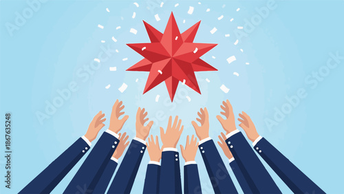 Ambitious business hands reaching for a red star of success and achievement