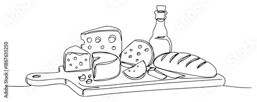 Continuous line drawing of a wooden cutting board with cheese bread and bottle
