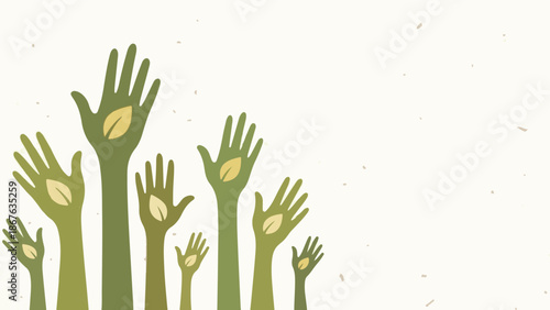 Green hands holding leaves reaching up on textured background, nature concept